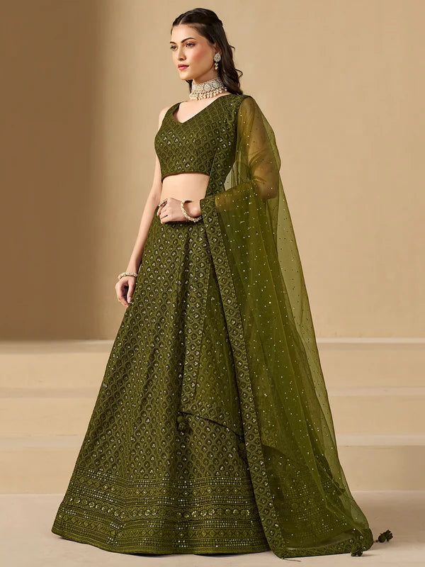 Olive Green Thread Work Georgette Wedding Lehenga Choli
