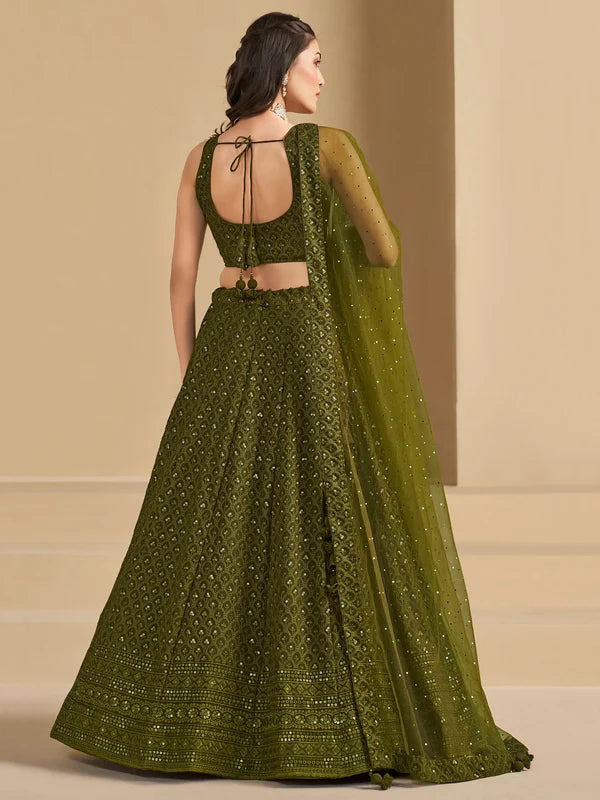 Olive Green Thread Work Georgette Wedding Lehenga Choli