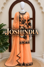 Peach Georgette Palazzo Suit Black Floral Sequins Embroidered Kurti Dupatta Set
