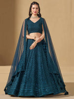 Teal Blue Thread Embroidered Georgette Lehenga Choli