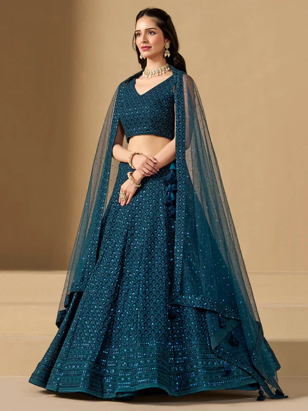 Teal Blue Thread Embroidered Georgette Lehenga Choli