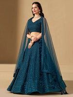 Teal Blue Thread Embroidered Georgette Lehenga Choli