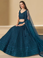Teal Blue Thread Embroidered Georgette Lehenga Choli
