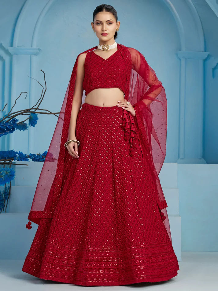 Red Sequins Georgette Wedding Lehenga Choli With Dupatta