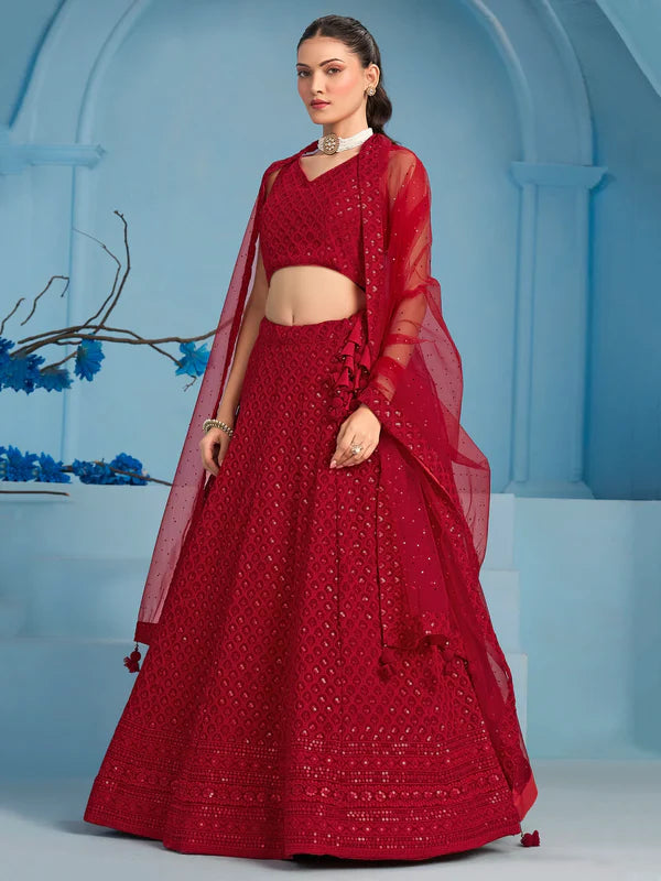 Red Sequins Georgette Wedding Lehenga Choli With Dupatta
