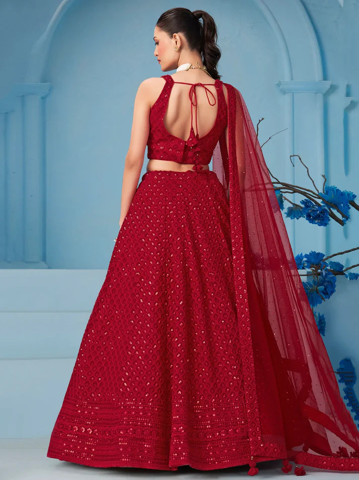 Red Sequins Georgette Wedding Lehenga Choli With Dupatta