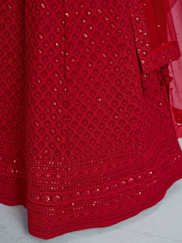 Red Sequins Georgette Wedding Lehenga Choli With Dupatta
