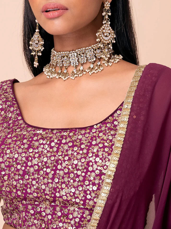 Great Dark Purple Sequin Georgette Engagement Wear Lehenga Choli