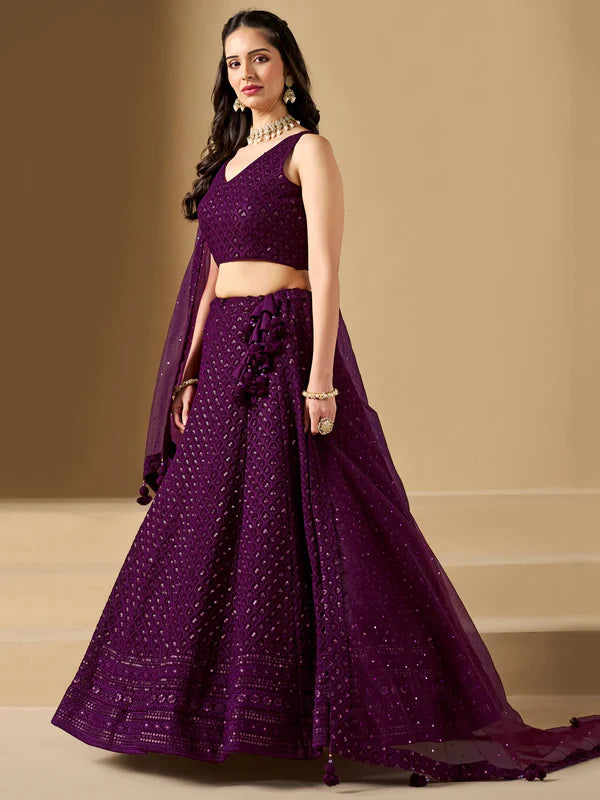 Wine Thread Work Georgette Reception Wear Lehenga Choli