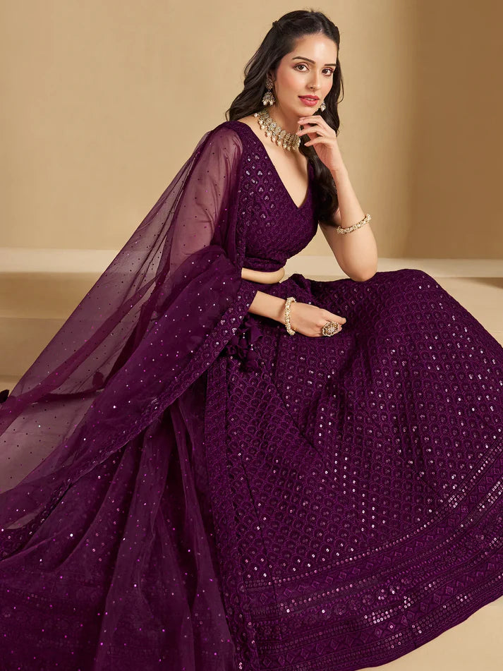 Wine Thread Work Georgette Reception Wear Lehenga Choli