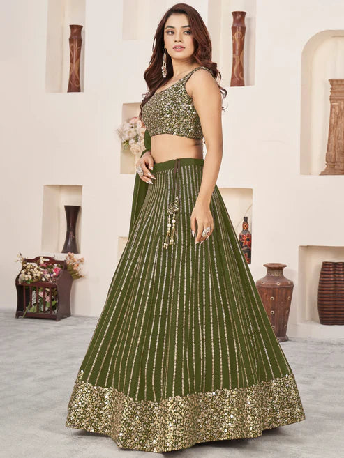 Green Sequins Georgette Mehendi Wear Lehenga Choli