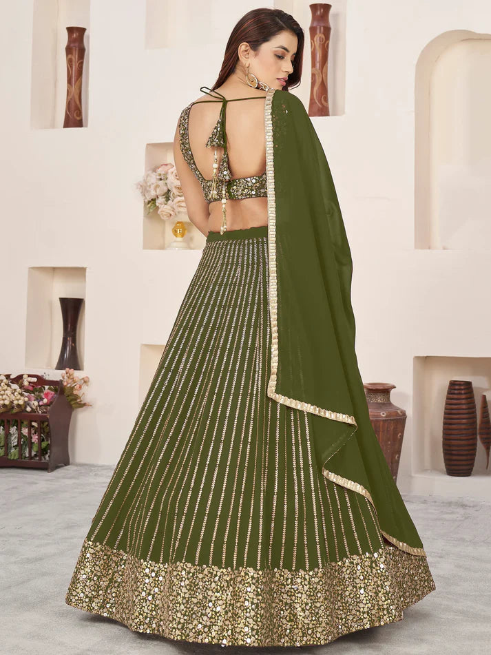 Green Sequins Georgette Mehendi Wear Lehenga Choli
