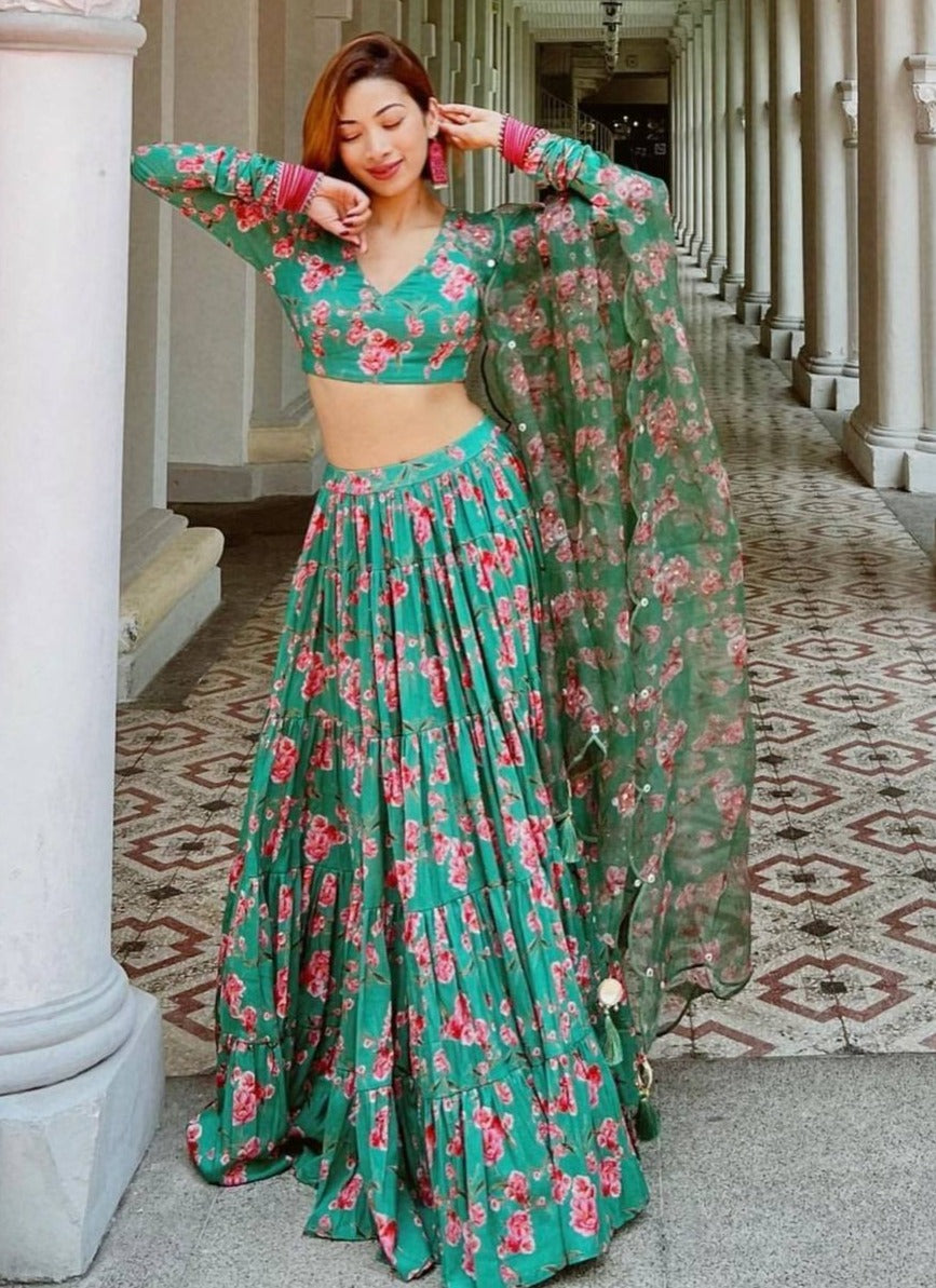 Buy Green Color Latest Designer Lehenga Choli With Heavy Flair - Joshindia