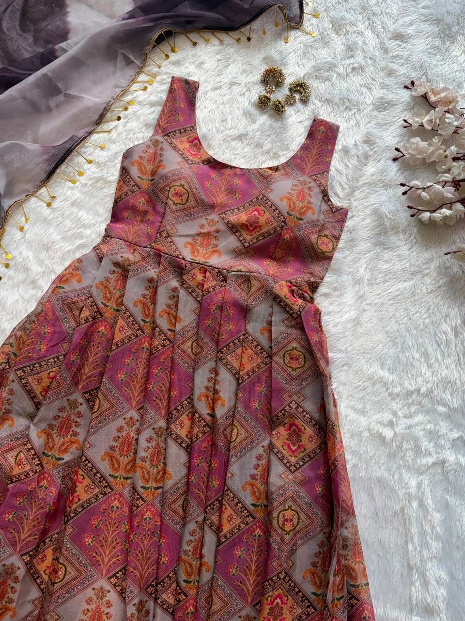 Digital Printed Jimmy Organza Silk Anarkali Gown for Women