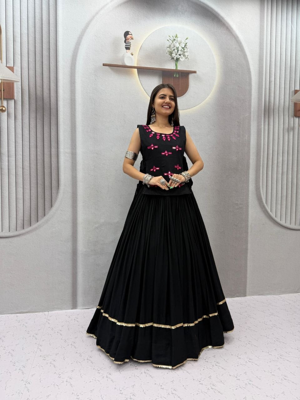 Navratri Special Lehenga Choli with Mirror Work Jacket | Fully Stitched 