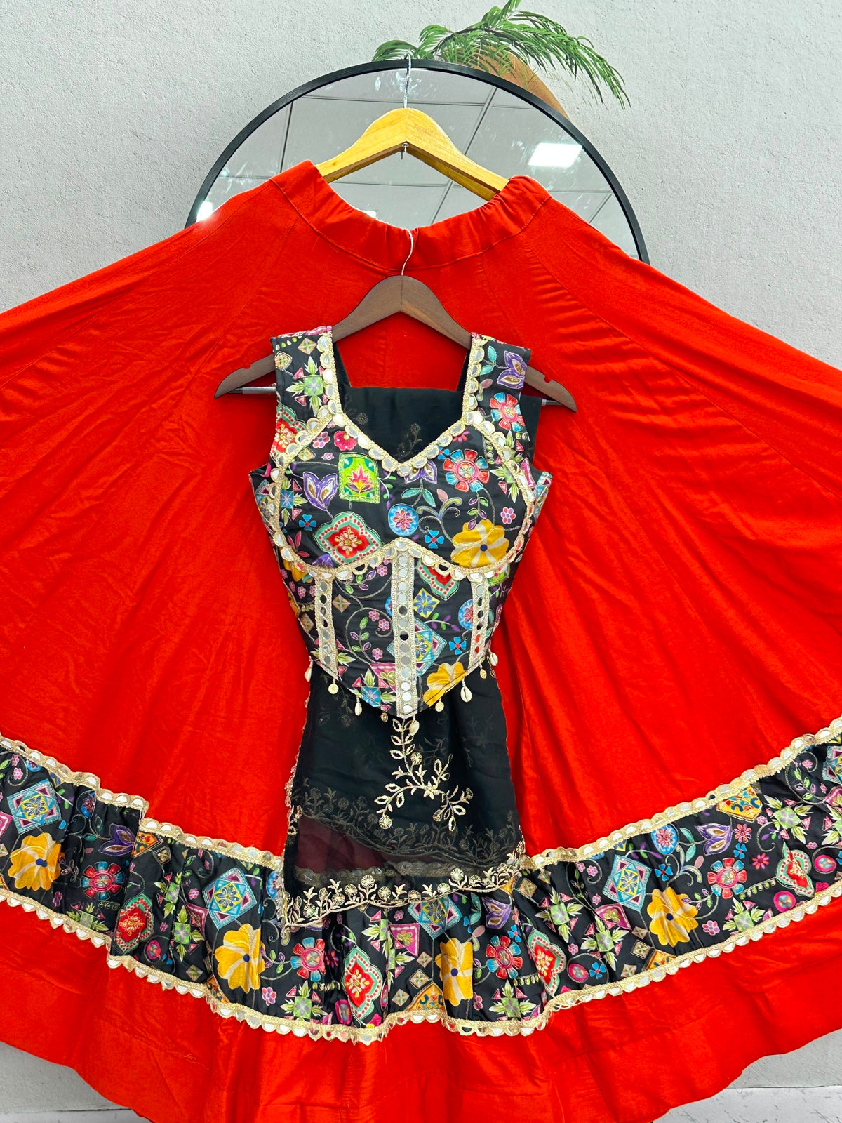 Navratri Special Pure Cotton Lehenga Choli with Mirror Work & Embroidered Dupatta