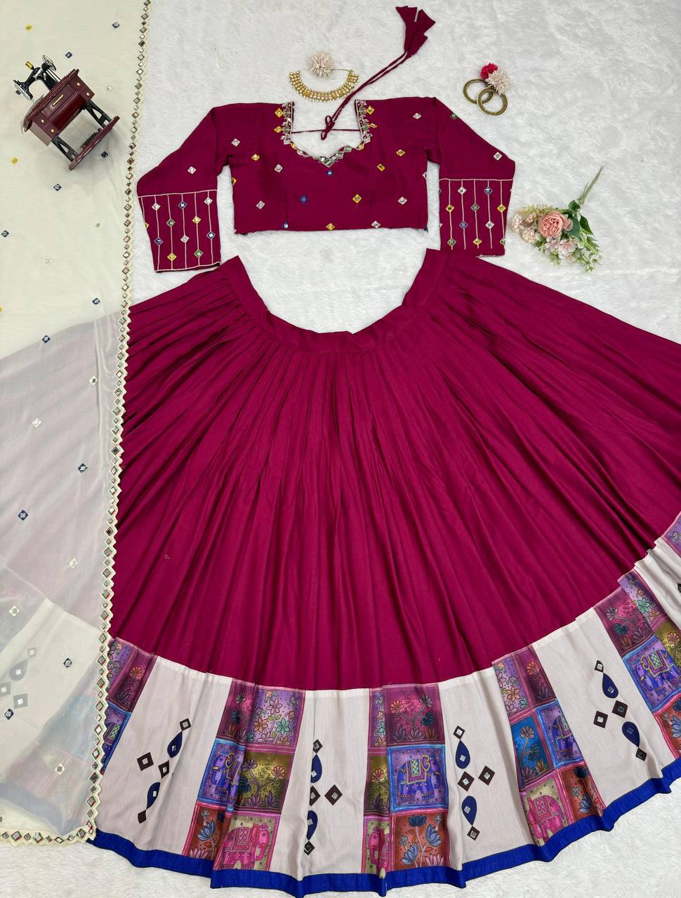 Rayon Digital Print Lehenga Choli with Real Mirror Work