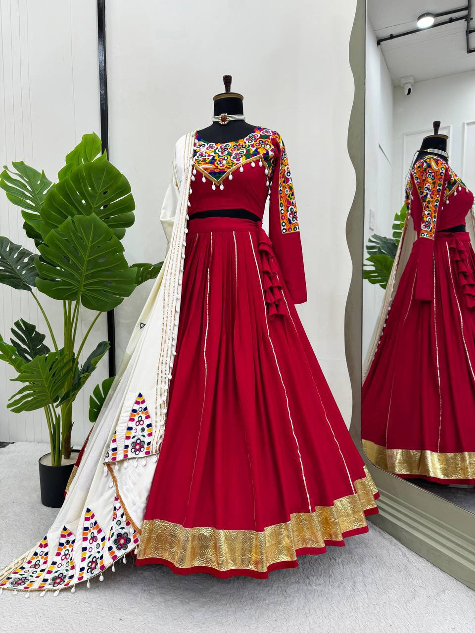 NAVRATRI Rayon Silk Lehenga Choli with Golden Silver Patti & Mirror Work