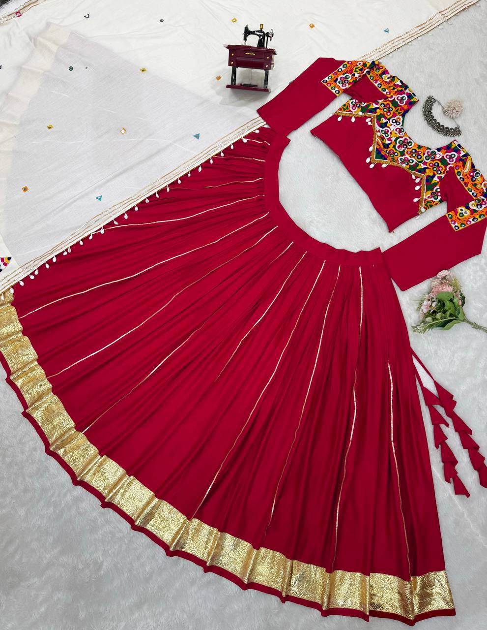 NAVRATRI Rayon Silk Lehenga Choli with Golden Silver Patti & Mirror Work