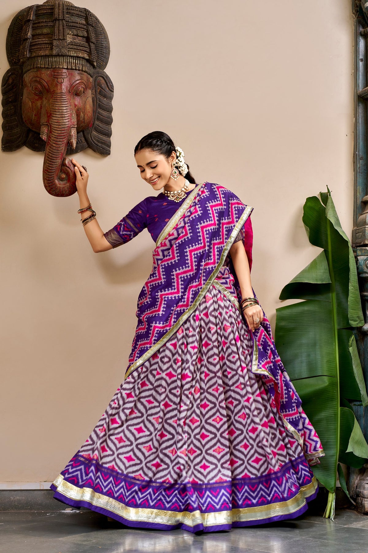 Tasar Silk Lehenga with Ikat & Foil Print – Festive Designer Lehenga Choli Set