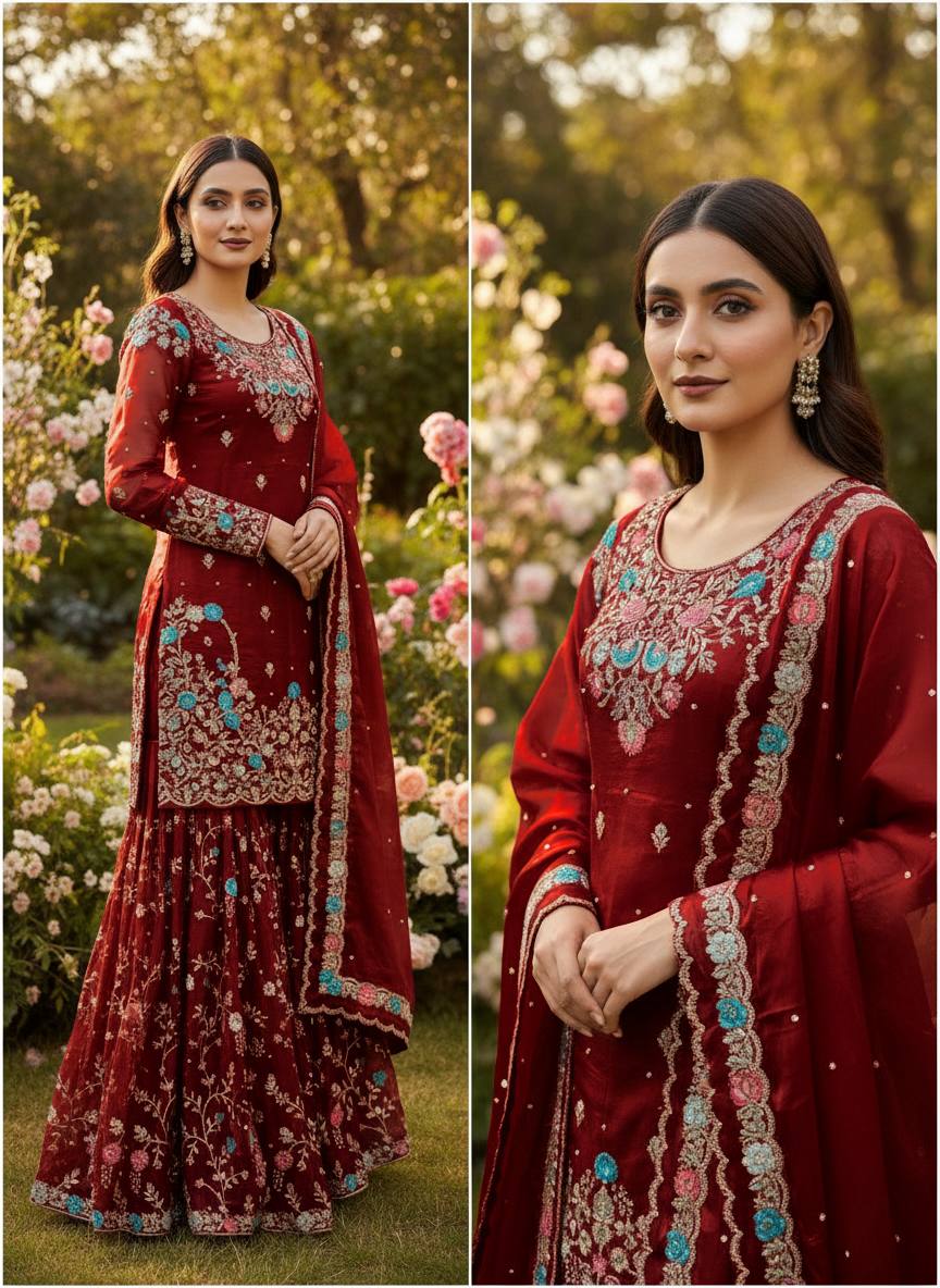 Anarkali Sharara Set with Sequence & Rivet Moti Work – 3 Piece Fully Stitched