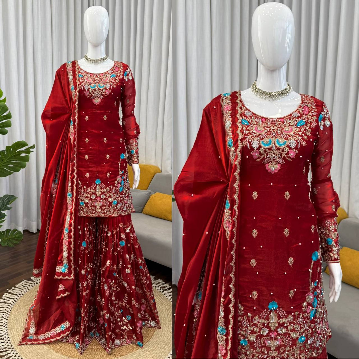Anarkali Sharara Set with Sequence & Rivet Moti Work – 3 Piece Fully Stitched