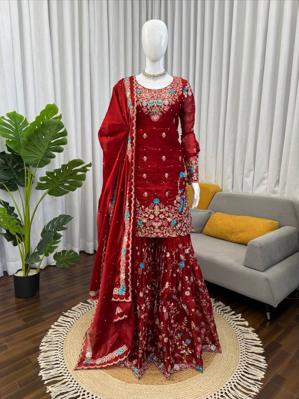 Anarkali Sharara Set with Sequence & Rivet Moti Work – 3 Piece Fully Stitched