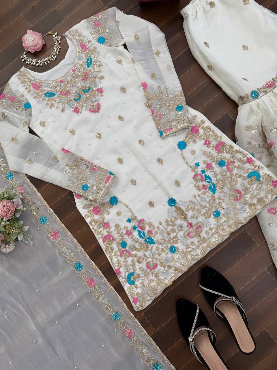 Anarkali Sharara Set with Sequence & Rivet Moti Work – 3 Piece Fully Stitched