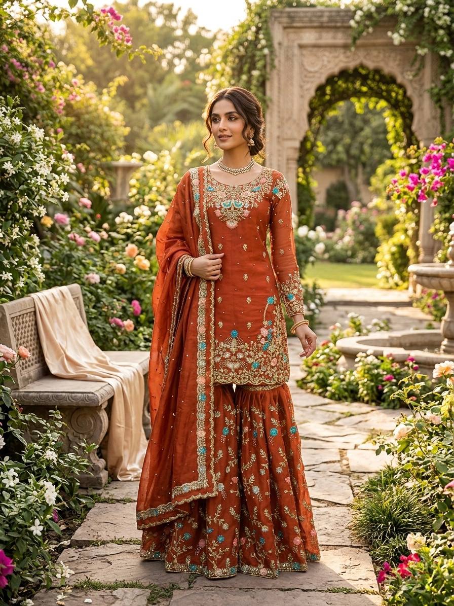 Anarkali Sharara Set with Sequence & Rivet Moti Work – 3 Piece Fully Stitched