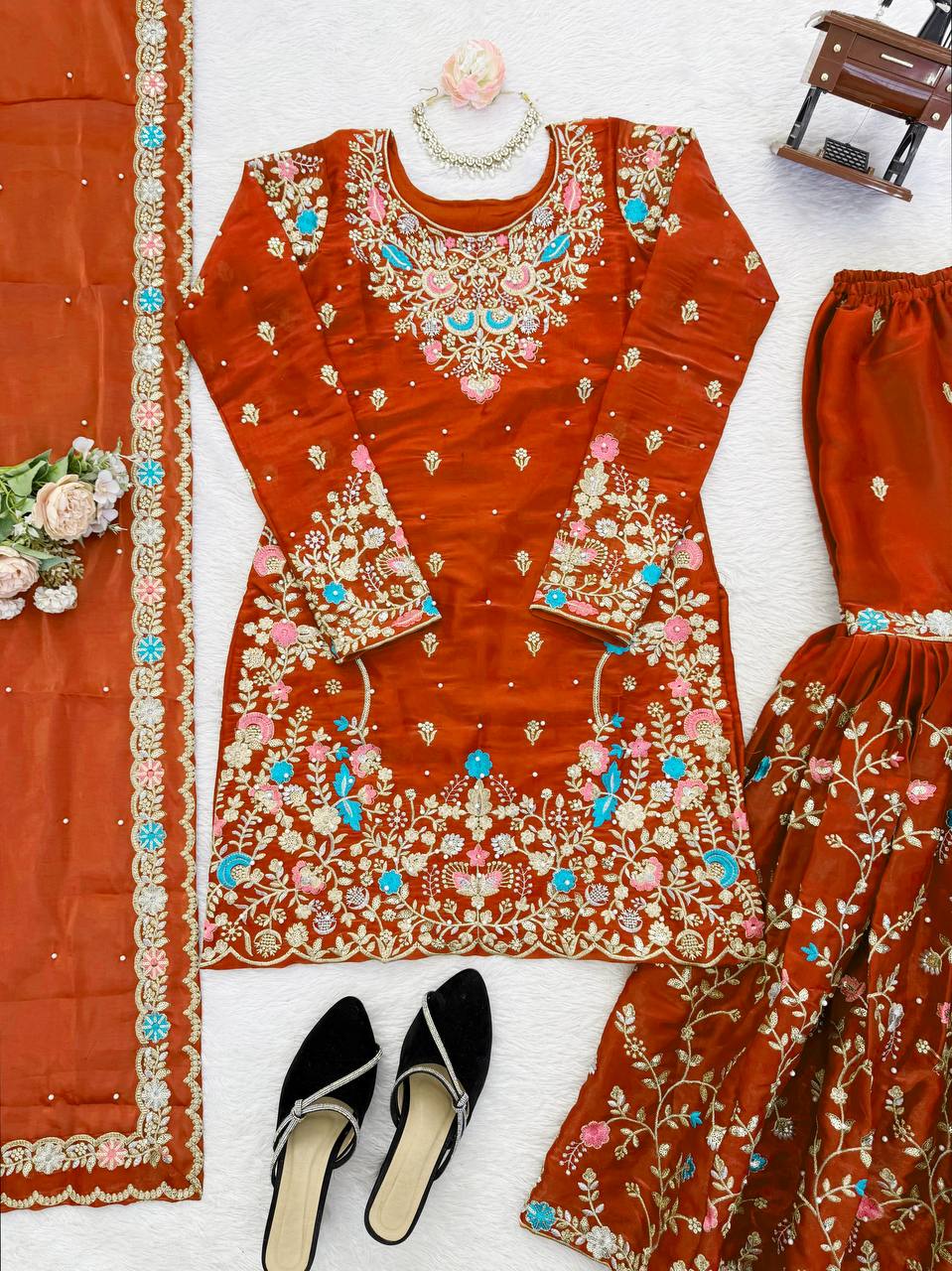 Anarkali Sharara Set with Sequence & Rivet Moti Work – 3 Piece Fully Stitched