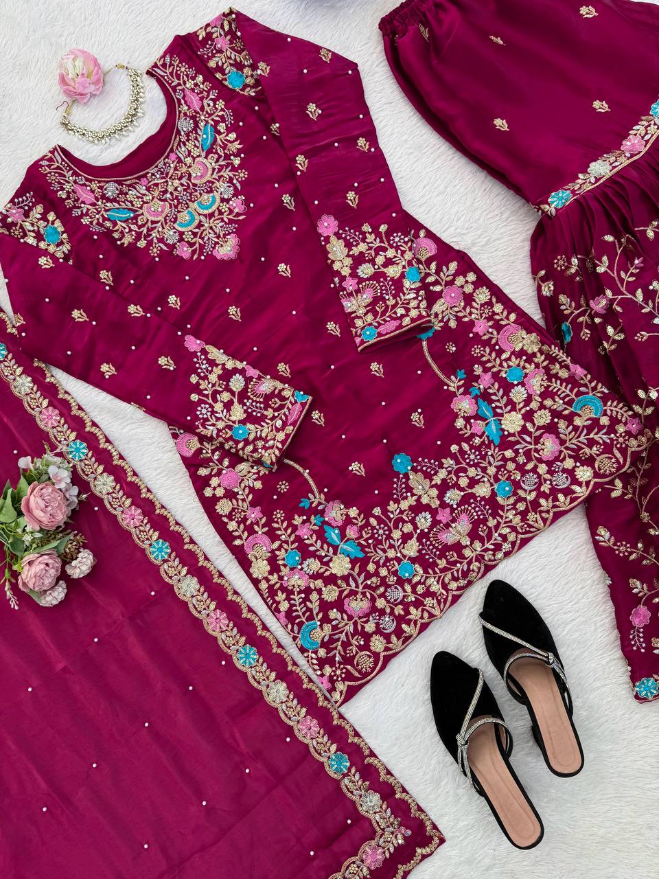 Anarkali Sharara Set with Sequence & Rivet Moti Work – 3 Piece Fully Stitched
