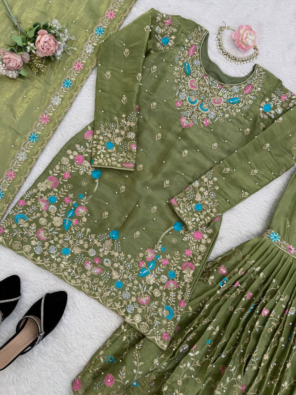 Anarkali Sharara Set with Sequence & Rivet Moti Work – 3 Piece Fully Stitched