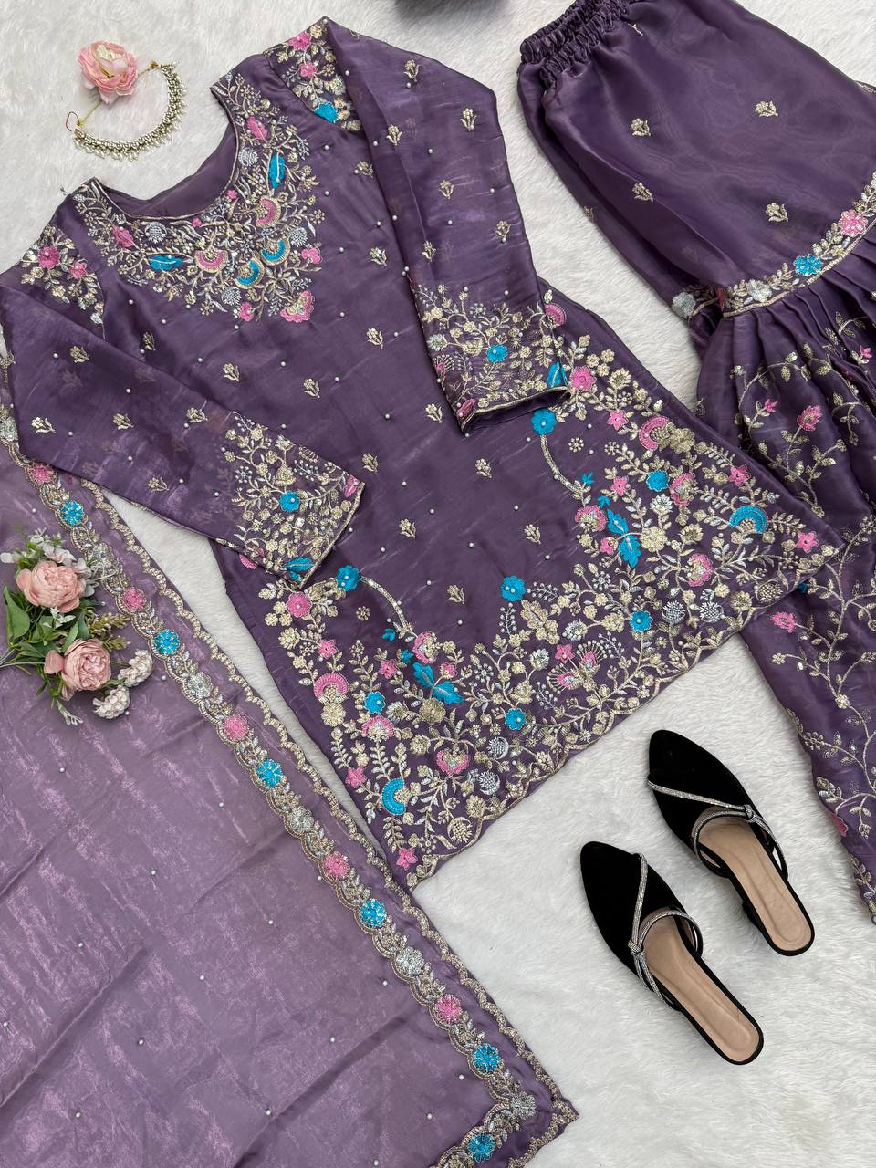 Anarkali Sharara Set with Sequence & Rivet Moti Work – 3 Piece Fully Stitched
