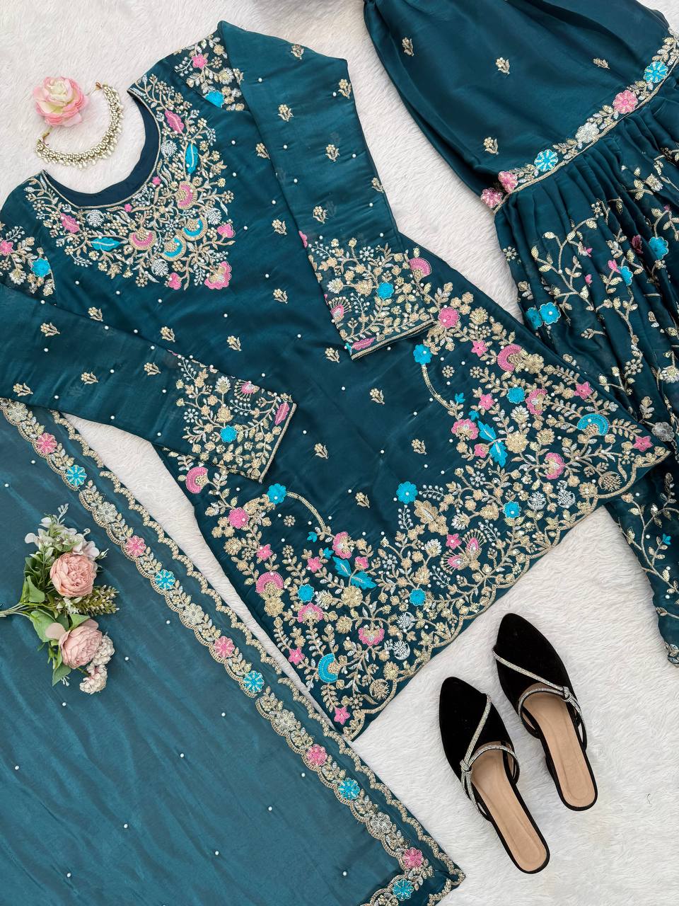 Anarkali Sharara Set with Sequence & Rivet Moti Work – 3 Piece Fully Stitched