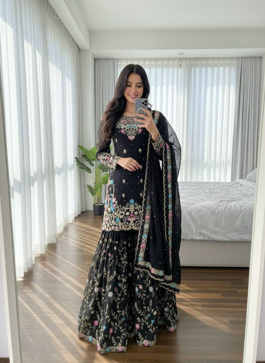 Anarkali Sharara Set with Sequence & Rivet Moti Work – 3 Piece Fully Stitched