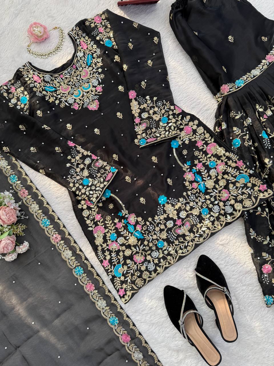 Anarkali Sharara Set with Sequence & Rivet Moti Work – 3 Piece Fully Stitched