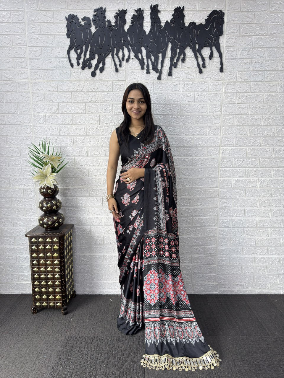 Premium Japan Satin Semi Gajji Silk Bandhani Saree with Peacock Pallu & Mirror Lace Border