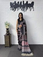 Premium Japan Satin Semi Gajji Silk Bandhani Saree with Peacock Pallu & Mirror Lace Border