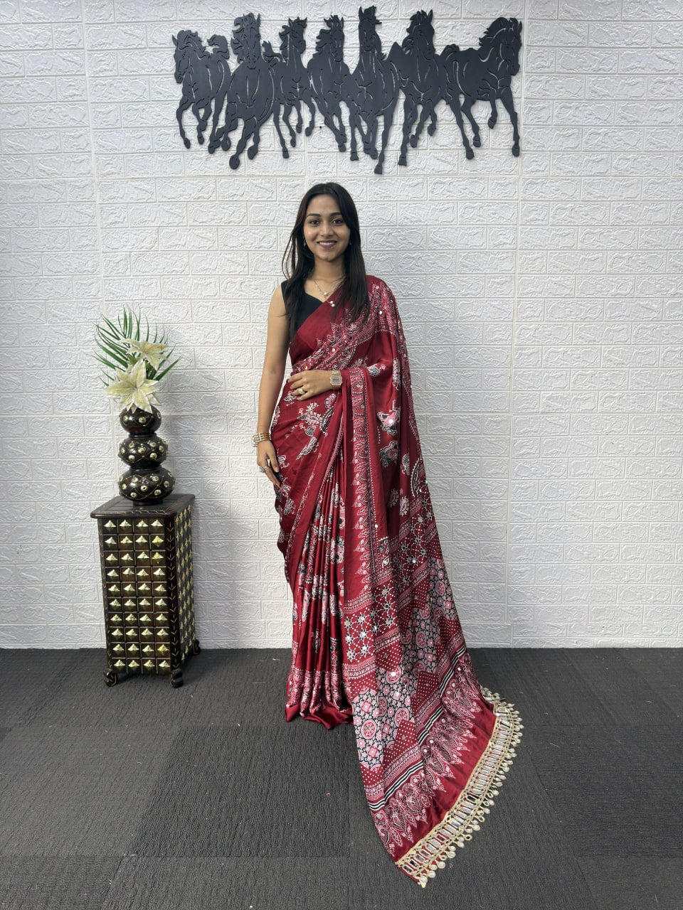 Premium Japan Satin Semi Gajji Silk Bandhani Saree with Peacock Pallu & Mirror Lace Border