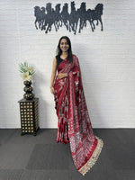 Premium Japan Satin Semi Gajji Silk Bandhani Saree with Peacock Pallu & Mirror Lace Border
