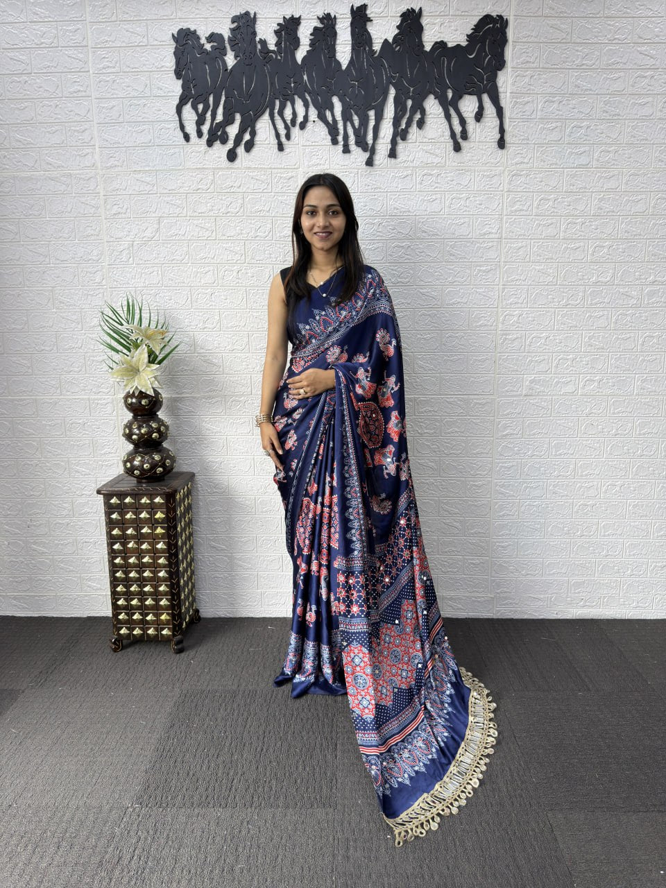 Premium Japan Satin Semi Gajji Silk Bandhani Saree with Peacock Pallu & Mirror Lace Border