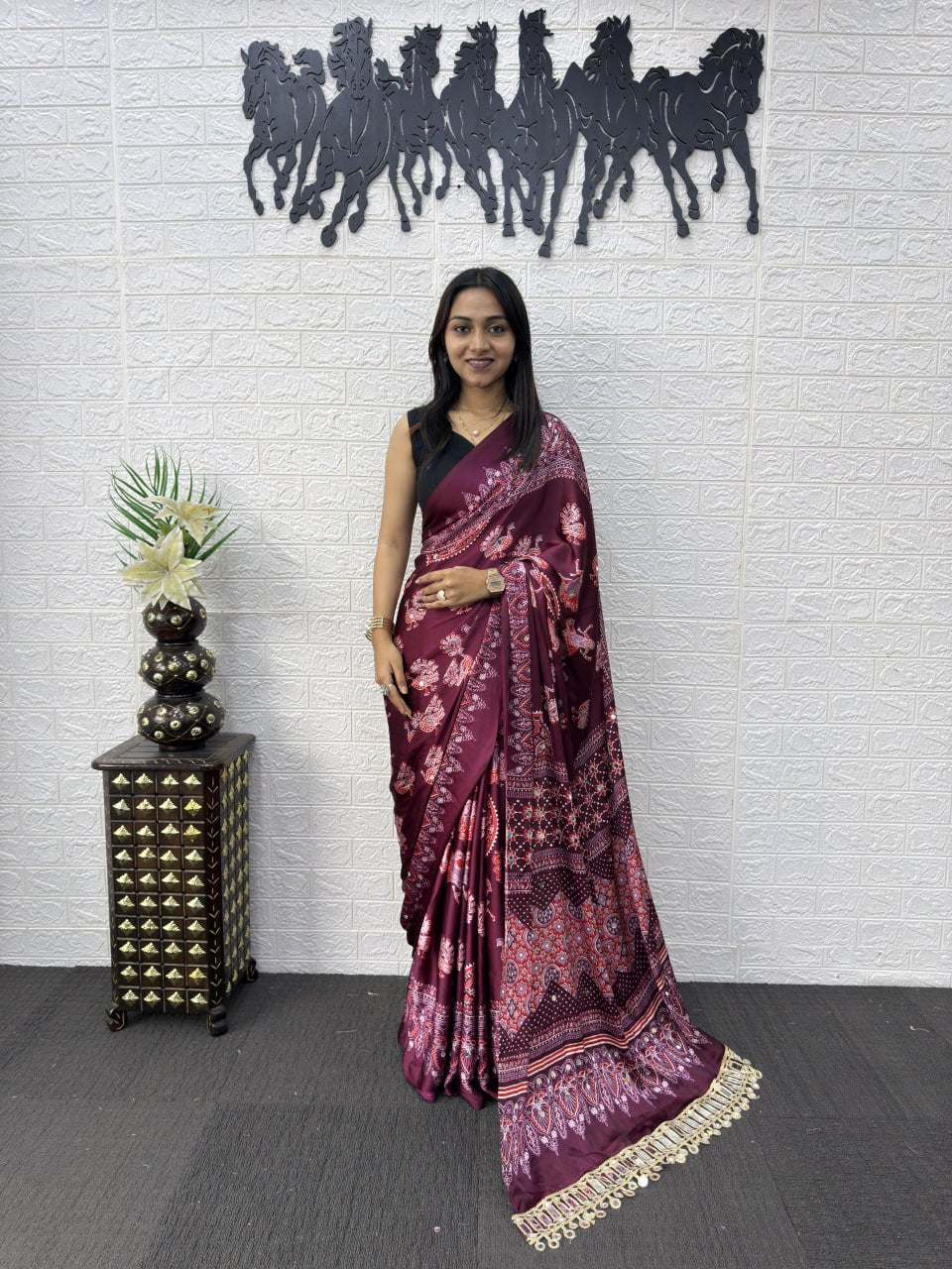 Premium Japan Satin Semi Gajji Silk Bandhani Saree with Peacock Pallu & Mirror Lace Border