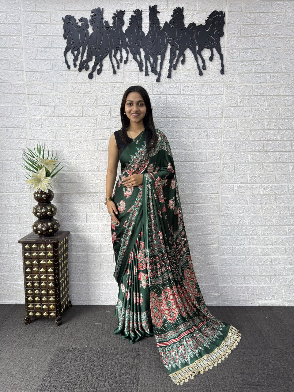 Premium Japan Satin Semi Gajji Silk Bandhani Saree with Peacock Pallu & Mirror Lace Border