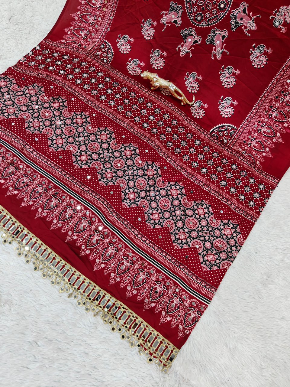 Premium Japan Satin Semi Gajji Silk Bandhani Saree with Peacock Pallu & Mirror Lace Border