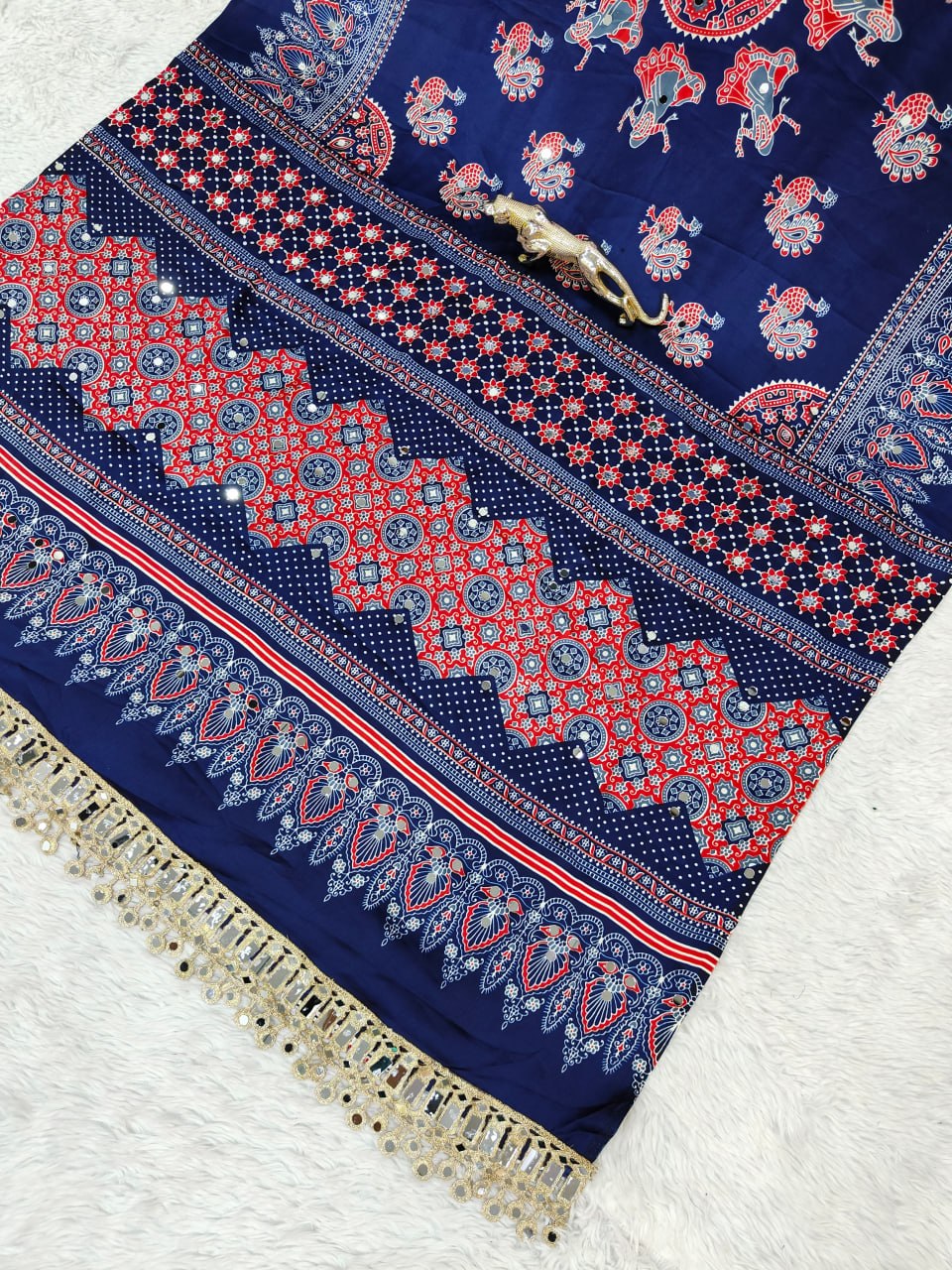 Premium Japan Satin Semi Gajji Silk Bandhani Saree with Peacock Pallu & Mirror Lace Border