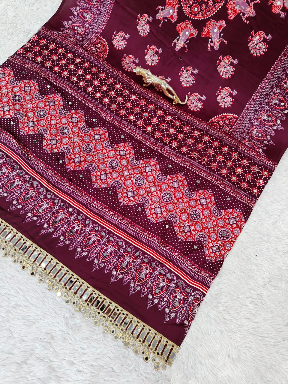 Premium Japan Satin Semi Gajji Silk Bandhani Saree with Peacock Pallu & Mirror Lace Border