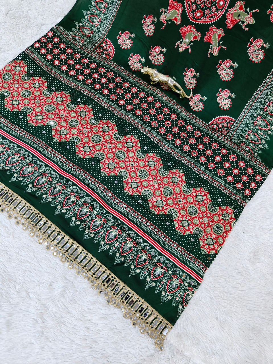 Premium Japan Satin Semi Gajji Silk Bandhani Saree with Peacock Pallu & Mirror Lace Border