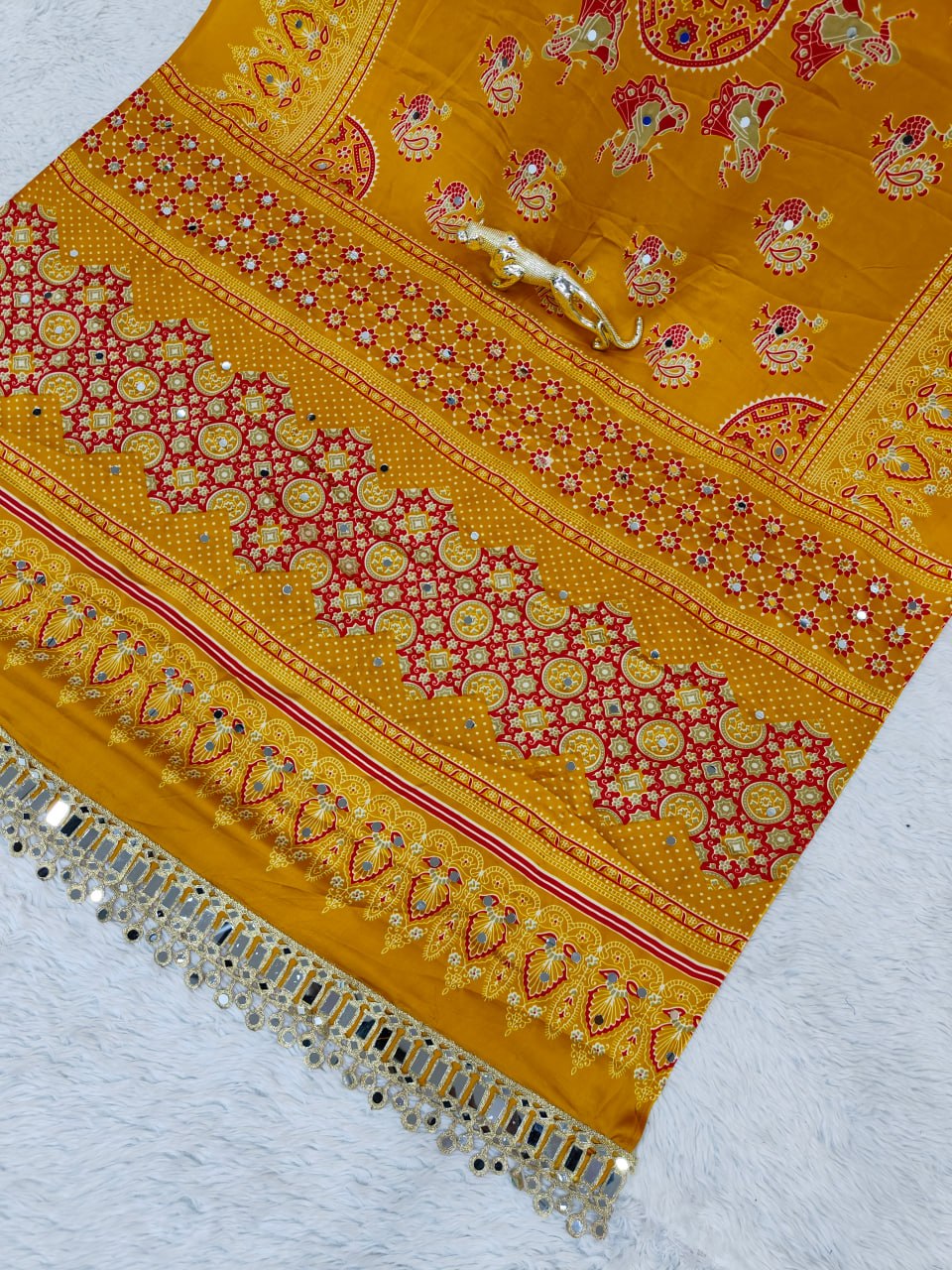 Premium Japan Satin Semi Gajji Silk Bandhani Saree with Peacock Pallu & Mirror Lace Border