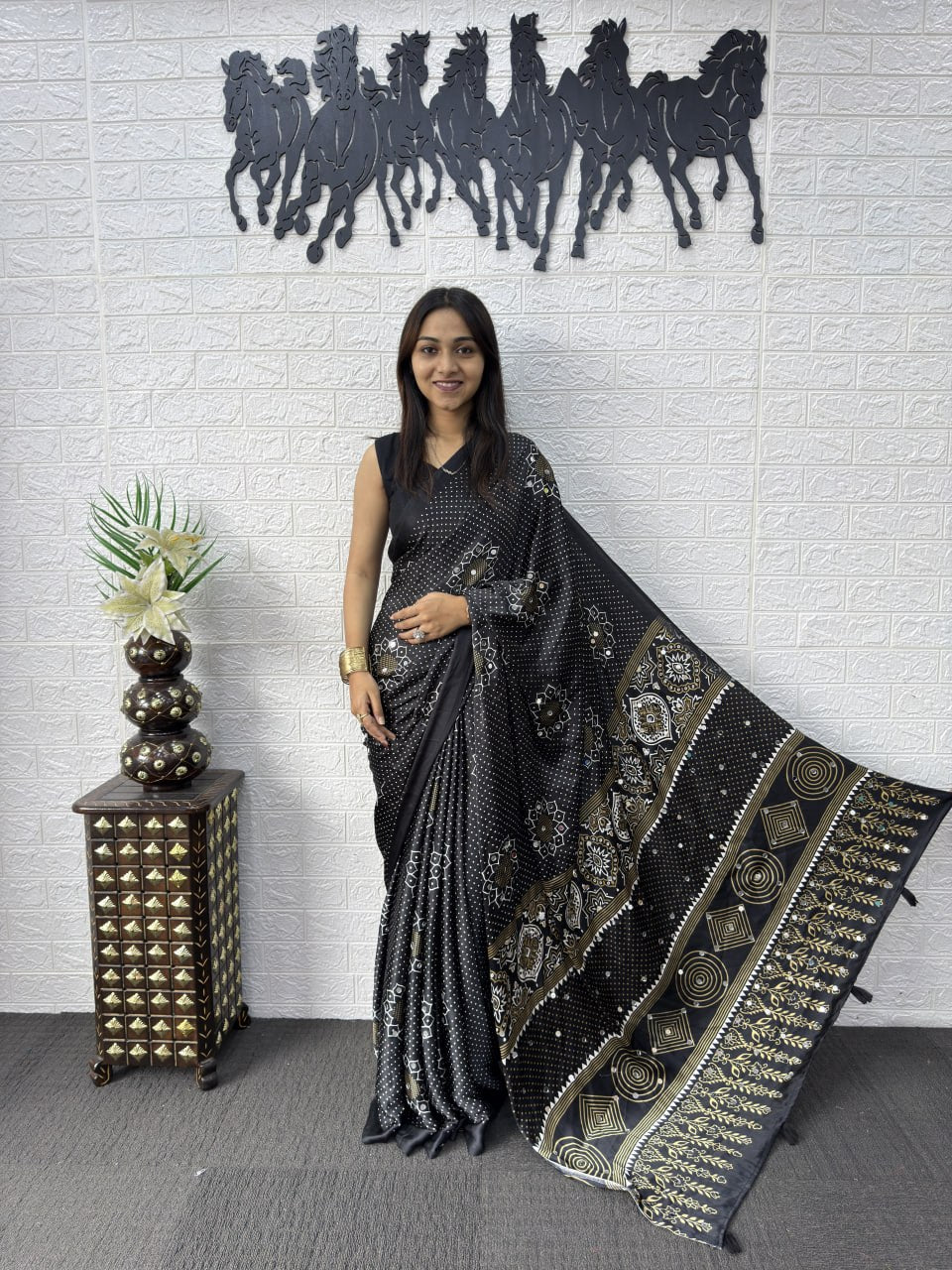 Japan Satin Silk Saree with Real Mirror Work & Viscose Latkan Pallu Border 