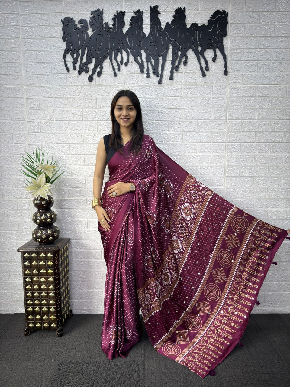 Japan Satin Silk Saree with Real Mirror Work & Viscose Latkan Pallu Border 